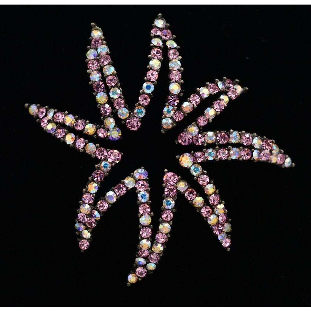 Givenchy Vintage Crystal Flower Star Pin Brooch AB Pink Gunmetal Signed 80s Bin8